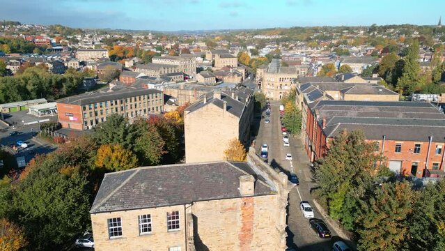 Streets, Commercial buildings and main roads in a busy market town in England.
Shot by drone and depicting a typical Yorkshire town with cobbled roads.