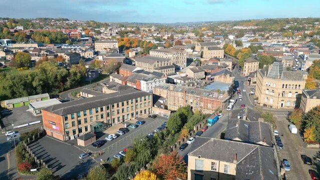 Streets, Commercial buildings and main roads in a busy market town in the UK.
Shot by drone and depicting a typical Yorkshire town with cobbled roads.