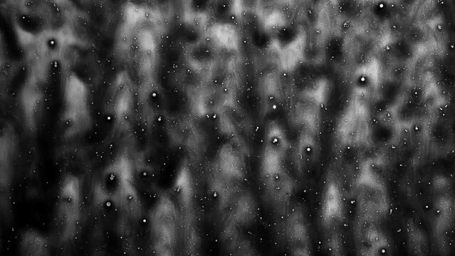 Abstract background black and white color. Flowing texture close-up. Moving abstraction as a shampoo. Trickling down cleaning foam on a glass. Soapy window. Car wash service station. A lot of bubbles.