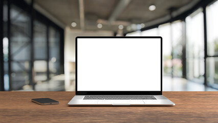 Laptop mockup isolated with transparent screen png on table with office background