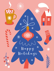 Christmas card. Xmas Tree and design elements