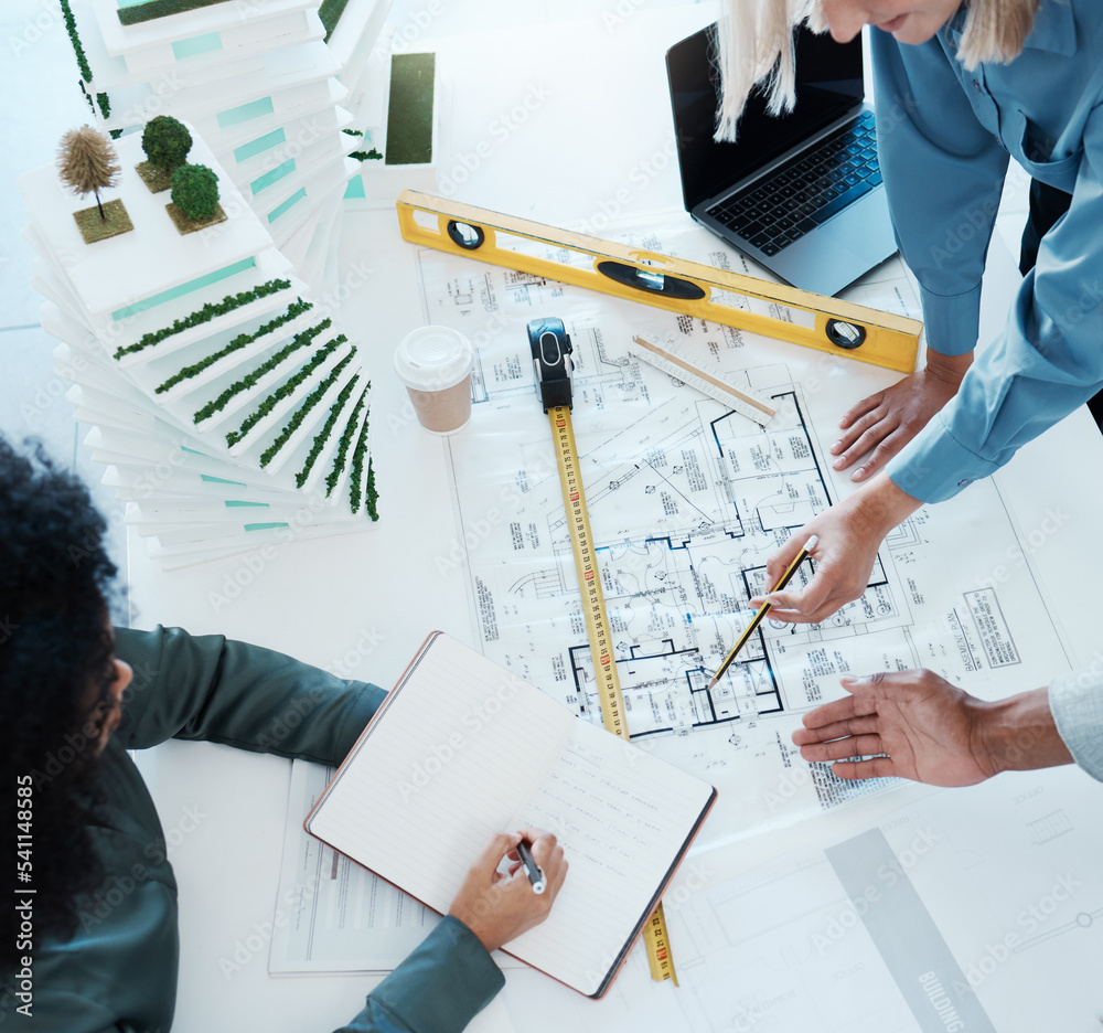 Poster architect, paper and blueprint with meeting, planning and woman with model, book or writing. buildin