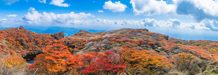 大船山は九重連山で3番目に高い山,春はミヤマキリシマの大群落,秋は紅葉のグラデーション,冬は雪化粧と四季を通じて心を惹きつける
