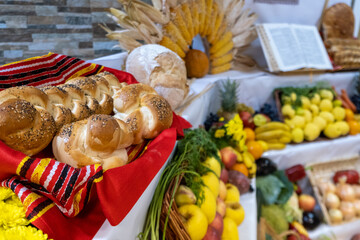 homemade village bread with many fruits and vegetables