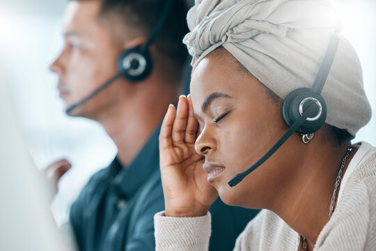 Headset, Call Center And Black Woman With Headache, Stress And Anxious Being Overworked In Office. Frustrated, Customer Support Agent And Burnout With Depression, Pain And Migraine Sitting At Desk.