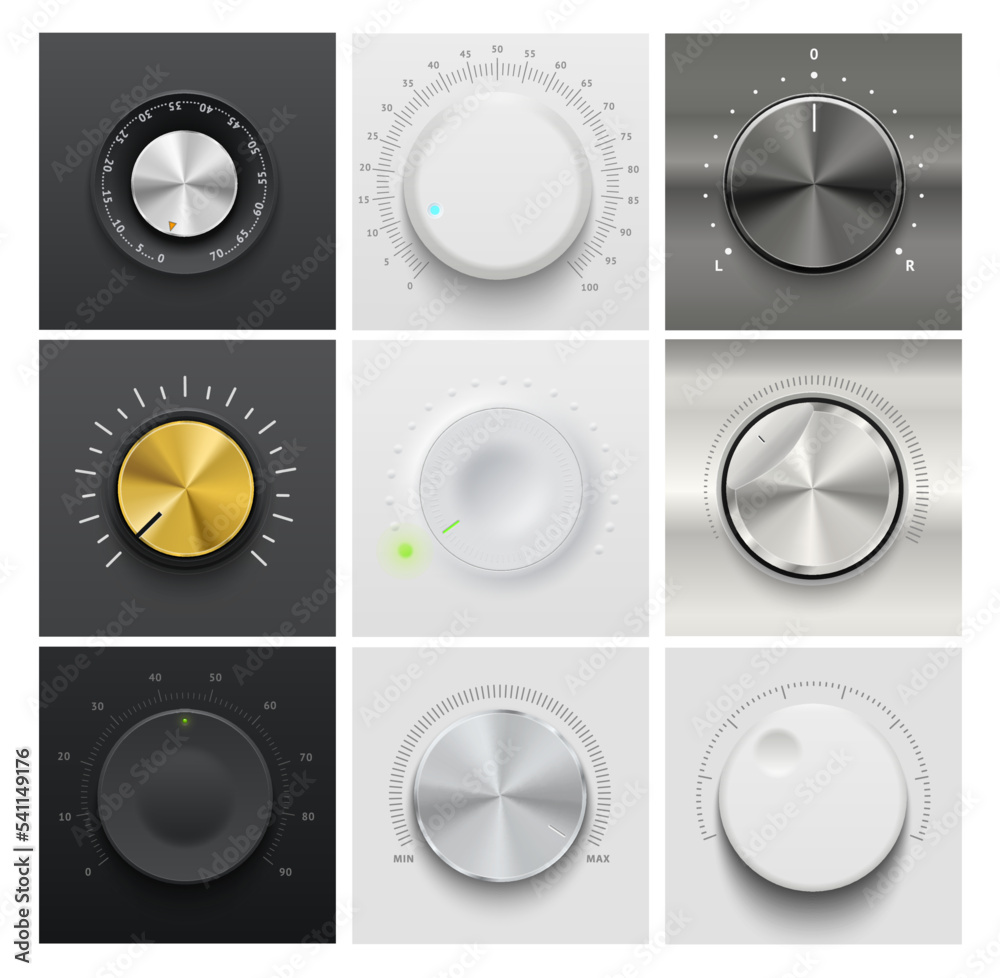 Poster volume dial knob, music amplifier regulator. music player interface realistic vector rotate controll