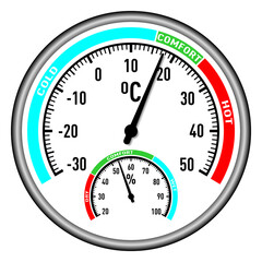 Round mechanical hygrometer on white background. Meteorological tool. Vector illustration - obrazy, fototapety, plakaty