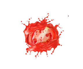 Plakat Ripe raw tomato with juice splash. Vitamin beverage twirl or whirl with ripple. Vegetable juicy tomato drink, smoothie isolated splash with flying drops or ketchup realistic vector swirl with splatter