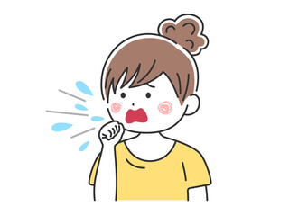 咳をする、髪を束ねた、私服女性のイラスト