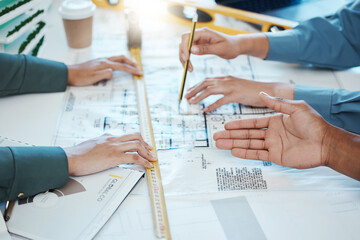 Hands, architect teamwork and design blueprint for building, architecture or construction project....