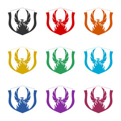 Phoenix bird shield logo design icon isolated on white background. Set icons colorful