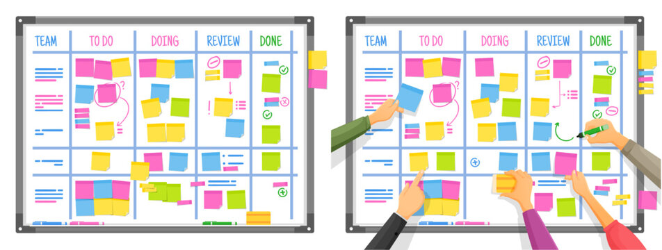 Scrum task board with business people hands. Project scrumboard or company briefing vector taskboard. Team brainstorm, business project strategy whiteboard with employee hands and color stickers