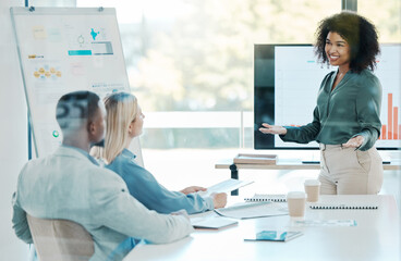 Presentation, marketing and employees in meeting, planning and working on collaboration. Young,...
