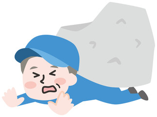 岩につぶされるシニア男性作業員