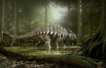 Dinosaur Ankylosaurus in the forest.