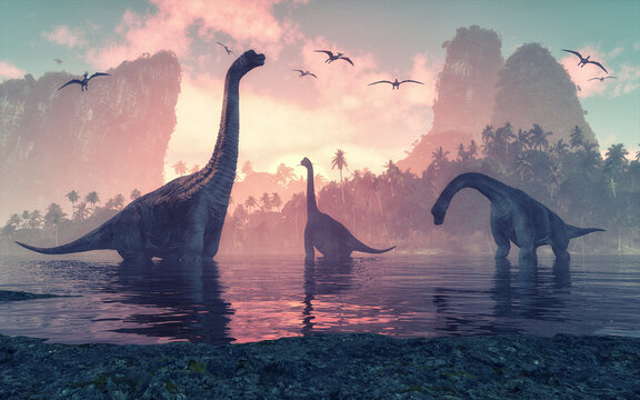 Brachiosaurus dinosaur in water next to islands with palm trees.
