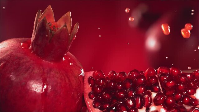 Slow Motion Shot of Pomegranate Juice Splashing through Pomegranate Slices