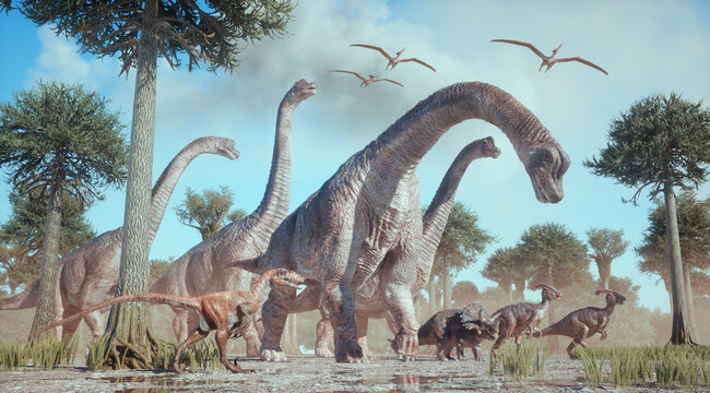 Dinosaur species - Brachiosaurus, Velociraptor, Triceratops, Parasaurolophus,in the nature.