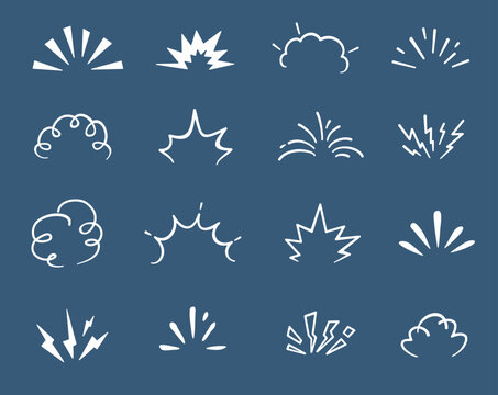 Cartoon doodle bomb explosion, comic clouds and smoke boom bubbles, vector icons. Doodle bomb explosion burst and blast puff effects, dynamite TNT or atomic bomb mushroom explode and crash icons