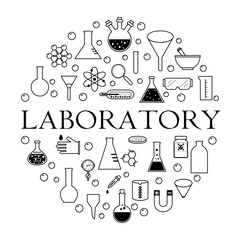 Chemistry science laboratory outline vector icon set. Pharmacy and chemistry, education and science elements and equipment
