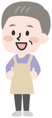 エプロンをつけて家事をするシニアの男性
