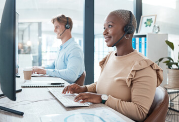 Black woman, customer support and service with a smile working for digital call center or online telemarketing business. Crm consultant at office desk, helping customer and searching pc for solution