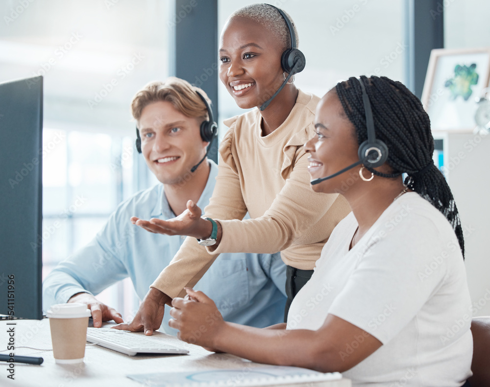 Poster training, teamwork and call center team in office on computer working together. customer service, di