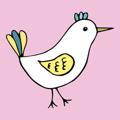 Simple vector illustration cartoon characters bird on pink background, symbol spring