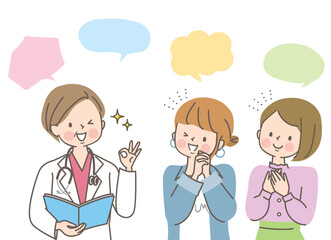 白衣を着た女性医師に相談する若い女性達のベクターイラスト素材