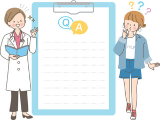 白衣を着た女性医師に相談する若い女性のベクターイラスト素材