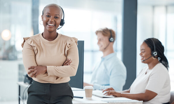 Happy Black Woman, Call Center And Contact Us For Customer Service And Telemarketing Insurance Agents At Help Desk. Smile, Communication And Team Leader Working For A Global Telecom Sales Company