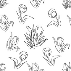 Tulip black line vector seamless pattern. Tulip seamless pattern vector background. Decorative seamless illustration, good for printing.