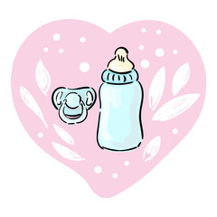 Pacifier and bottle of milk on pink heart for newborn baby girl. Vector illustration design for fashion fabrics, textile graphics, prints.