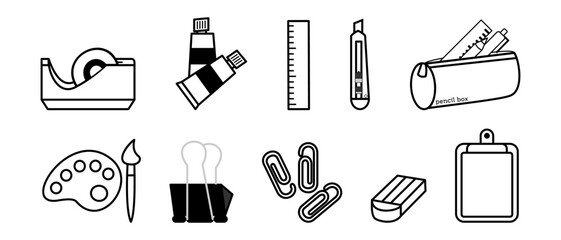 Set Education icons. Stationary outline on white background. All stationary Items. Stationaries icon vector.
