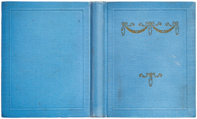 Old open book cover in red canvas and embossed golden decorations - circa 1895, isolated on white