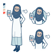 シニアのアラビア人女性が困った顔でスマートフォンでキャッシュレス決済しているイラスト