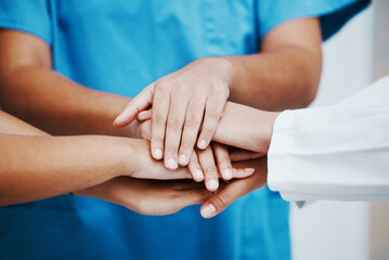 Healthcare, hands and team in support, trust or hope for unity, collaboration or cooperation at the...