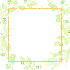 watercolor hand drawn seeded eucalyptus leaf with gold glitter frame square banner background