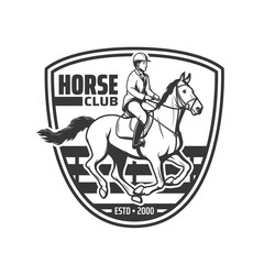 Horse club icon of vector equestrian, race, riding or polo sport. Vintage badge of race horse and jockey with horseback rider helmet, saddle and equine equipment, derby or jump competition symbol