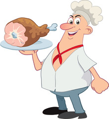 Chef holds in his hand a meat plate.  Vector illustration on a white background.