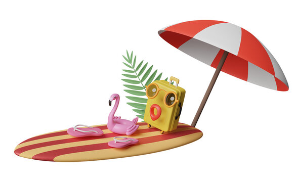 summer travel with yellow suitcase, sunglasses, surfboard, umbrella, Inflatable flamingo, palm isolated. concept 3d illustration or 3d render