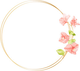watercolor pink Bougainvillea flower bouquet with golden wreath frame with copy space