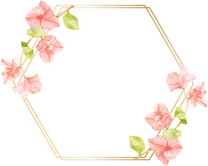 watercolor pink Bougainvillea flower bouquet with golden wreath frame with copy space