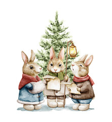 Watercolor vintage three rabbits group in clothes looks at notes, holds lantern and sings Christmas songs near the fir tree isolated on white background. Hand drawn illustration sketch