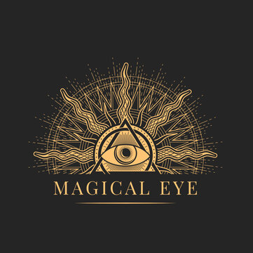 Witchcraft and magic, mason esoteric icon. God all seeing eye and sun rays alchemy esoteric sign or emblem. Occultism ancient symbol, witchcraft icon, ritual seal or tarot occult tattoo