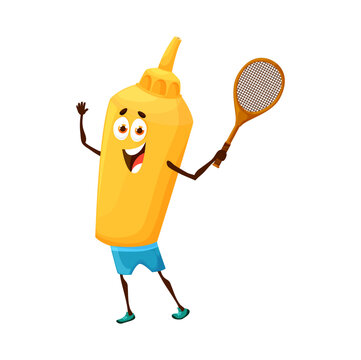 Cartoon Mustard Bottle Character Playing A Badminton. Funny Yellow Tube With Tennis Racket. Isolated Vector Spicy Sauce Condiment For Fast Food, Smiling Tube With Squirt Nozzle And Kawaii Smiling Face