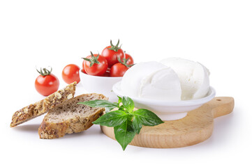 Buffalo mozzarella with bread, cherry tomatoes and basil isolated on white background, close-up.