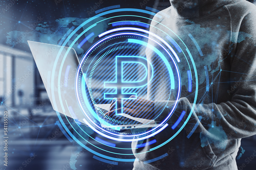 Aufkleber hacker hand using laptop with glowing round ruble icon and map hologram on blurry office interior ba