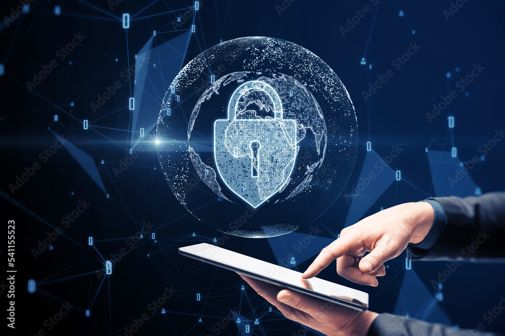 Poster close up of hand holding cellphone with abstract glowing padlock and globe hologram on blurry blue b