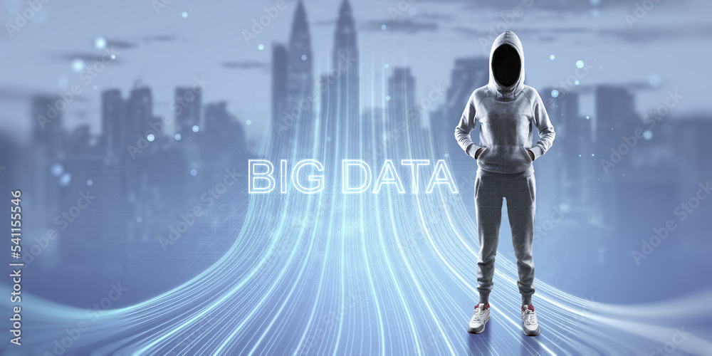 Poster hacker with abstract glowing big data or metaverse hologram on blurry city background. future and di